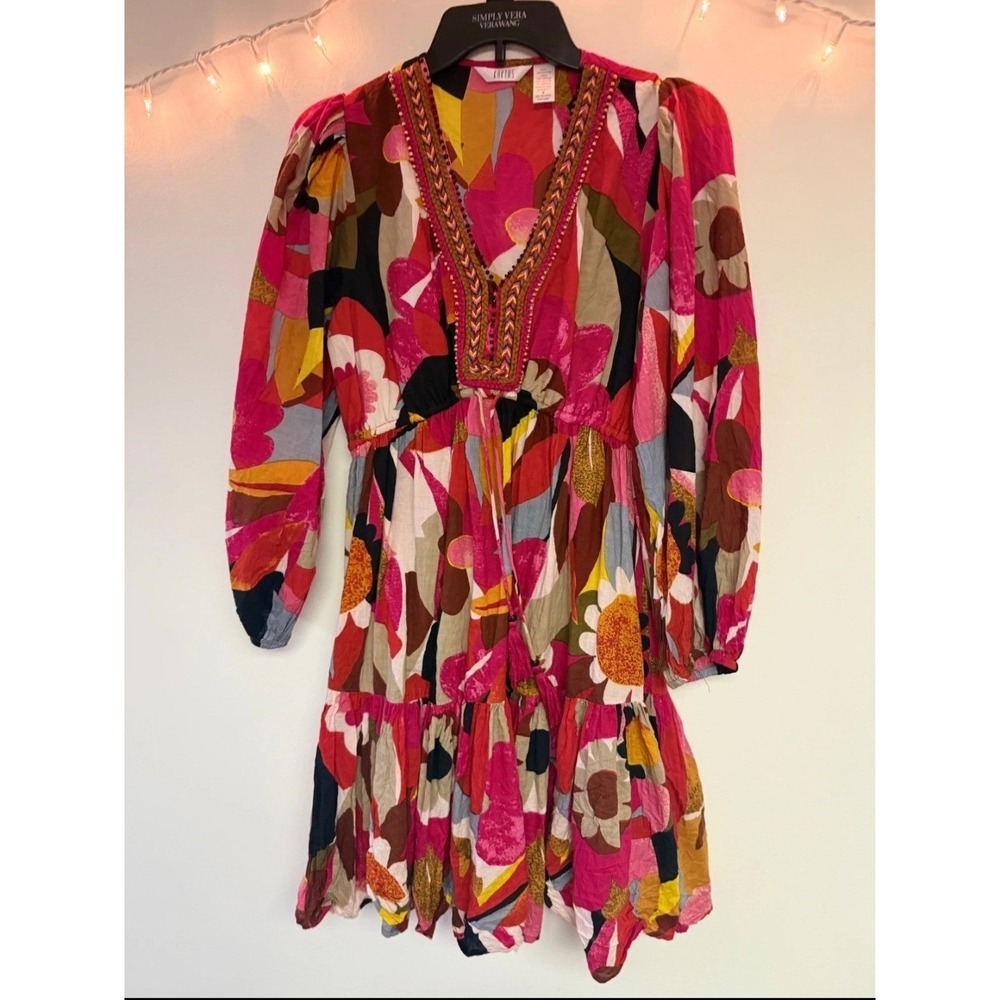 Kaktus Women Floral Embroidered V-Neck Mini Dress Pink Multi Boho Size S
